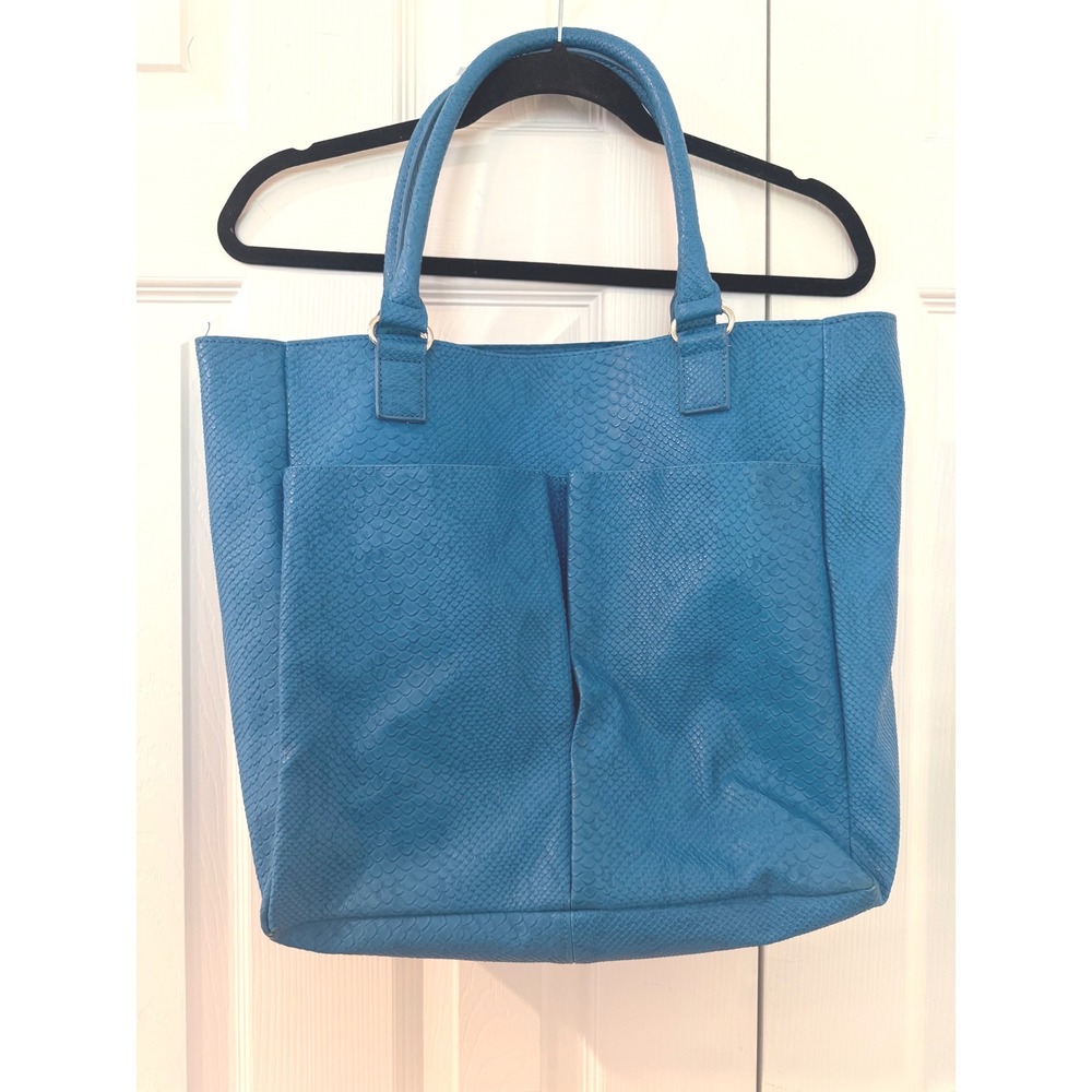 Neiman Marcus Blue Faux‎ Snakeskin Embossed Y2K Tote Bag Shoulder Bag XL